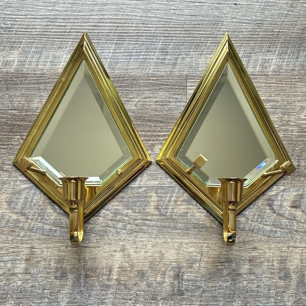 Vintage PartyLite Brass Mirror Wall Sconce Candle Holders Hollywood Regency Set - Picture 1 of 16